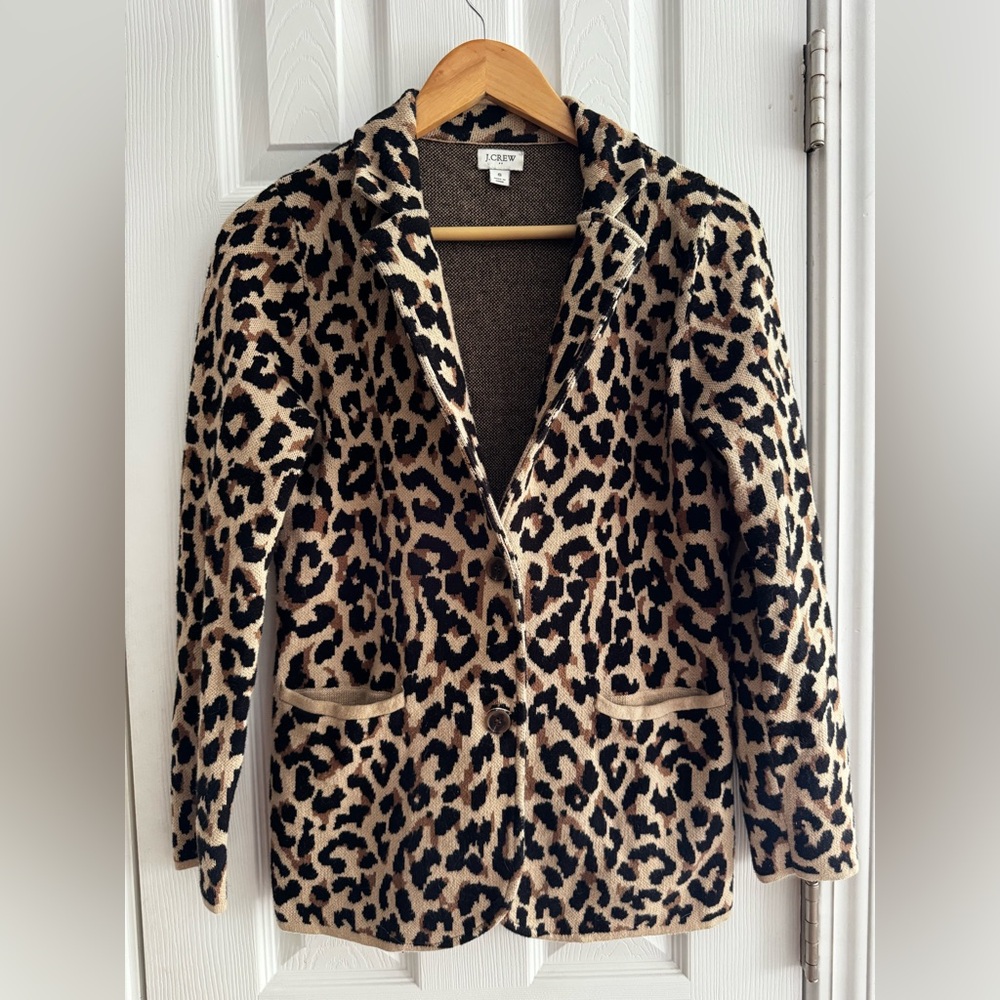 J Crew Sweater Blazer Womens Leopard Print Knit Pockets Cardigan Jacket Size S - Picture 2 of 6